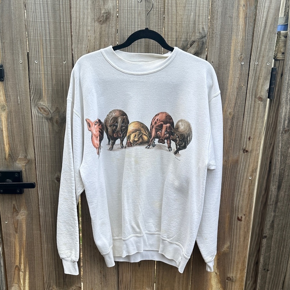 Vintage 90s Pigs Graphic Wrap Around Crewneck Sweatshirt Size Large